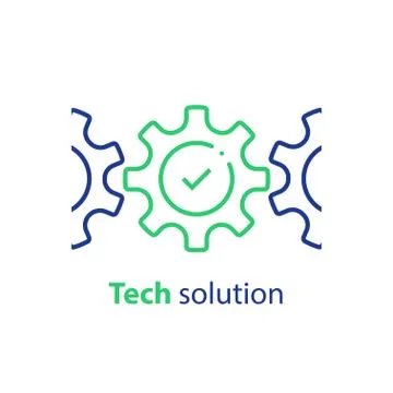 Integration concept, technology solution, cogwheel and check mark, system com Stock Illustration