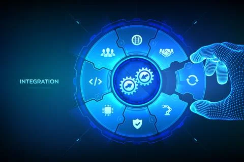Integration data system. Industrial smart technology. System Integration conc Stock Illustration