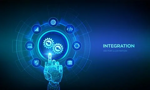 Integration data system. System Integration concept on virtual screen. Indust Stock Illustration