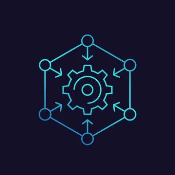 Integration process, technology icon with cogwheel and arrows, linear Stock Illustration