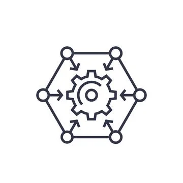 Integration process, technology icon with cogwheel, linear on white Stock Illustration