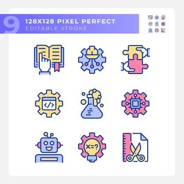 Integration of STEM programs pixel perfect RGB color icons set Illustrazione stock