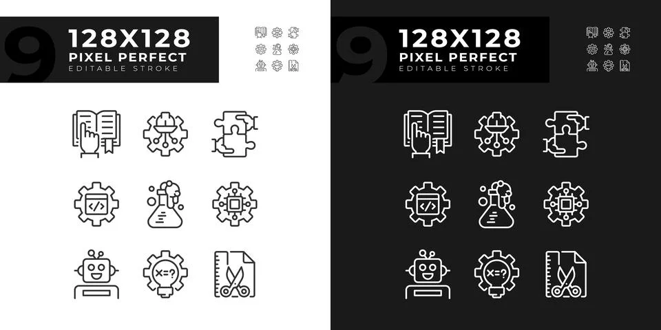 Integration of STEM programs pixel perfect linear icons set for dark, light mode Stockillustratie