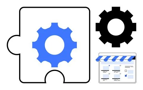 Integration of Technology in E-commerce Puzzle Piece with Gear and Online Sto Stock Illustration