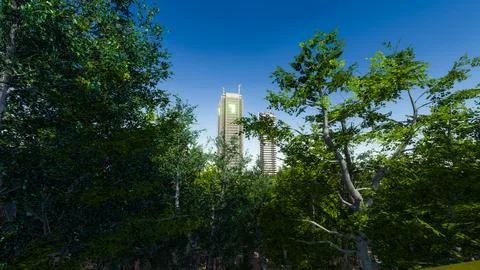 Integration of technology in a natural environment, 3D cybernetic metaverse Stock Illustration