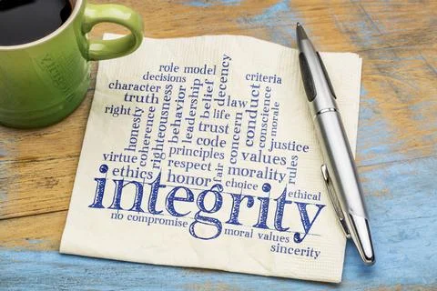 Integrity word cloud on napkin with coffee integrity word cloud - handwrit... Stock-Fotos