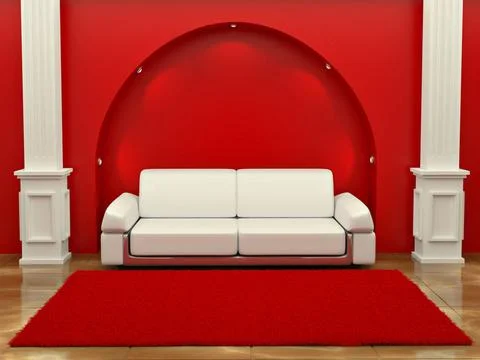 Inteiror. Sofa between the columns in red room. 3d Inteiror. Sofa between ... Fotos Stock
