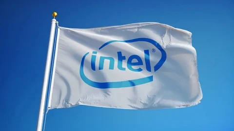 Intel company flag in slow motion, editorial animation Stock Footage 73155083