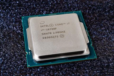 Intel Core i7-10700F processor on a dark background. 10th gen Intel CPU. 스톡 사진