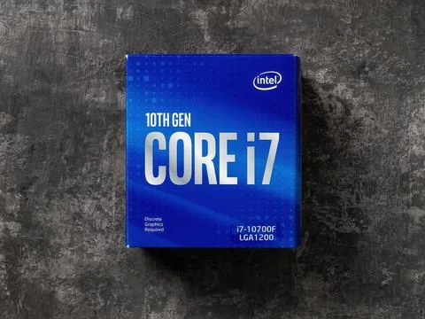 Intel Core i7-10700F processor blue box on a dark background. Stock Photos