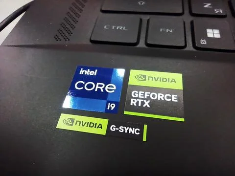 Intel core i9 and nvidia geforce rtx g-sync laptop stickers on keyboard 写真素材