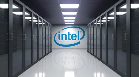 Intel Corporation logo on the wall of the server room. Editorial 3D rendering Stock Illustration