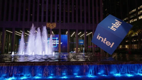 Intel cube installation near illuminated fountain at night in Midtown Manhattan Stock Footage 332696956