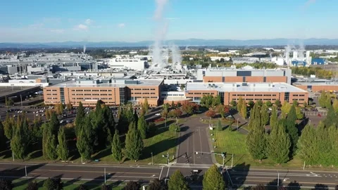 Intel Gordon Moore Park at Ronler Acres campus in Hillsboro aerial drone video Stock Footage 287390609