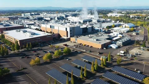 Intel Gordon Moore Park at Ronler Acres campus in Hillsboro aerial drone video Stock Footage 287391407