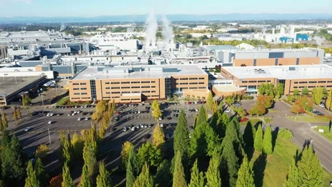 Intel Gordon Moore Park at Ronler Acres campus in Hillsboro aerial drone video Stock Footage 287391750
