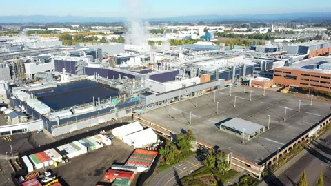 Intel Gordon Moore Park at Ronler Acres campus in Hillsboro aerial drone video Stock Footage 287391804