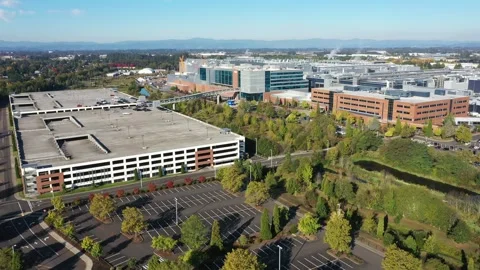 Intel Gordon Moore Park at Ronler Acres campus in Hillsboro aerial drone video Stock Footage 287391870