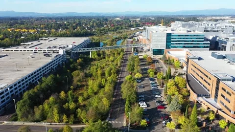Intel Gordon Moore Park at Ronler Acres campus in Hillsboro aerial drone video Stock Footage 287391919