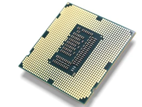 Intel i7 processor gold contacts CPU socket circuit isolated on white background Stock Photos