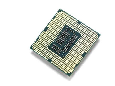 Intel i7 processor gold contacts CPU socket circuit isolated on white background 스톡 사진