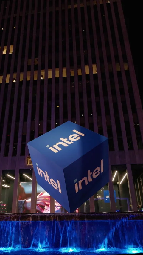 Intel illuminated cube installation at night Stock Footage 333256440