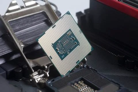 Intel LGA 1151 cpu socket on motherboard Computer PC with cpu processor Stock Photos