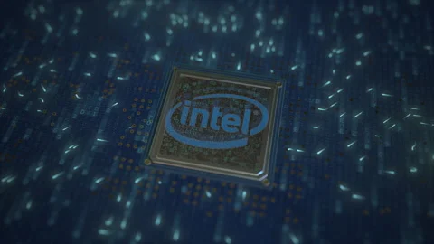 INTEL logo on the chip on computer board. Conceptual editorial 3d animation Stock Footage 151423219
