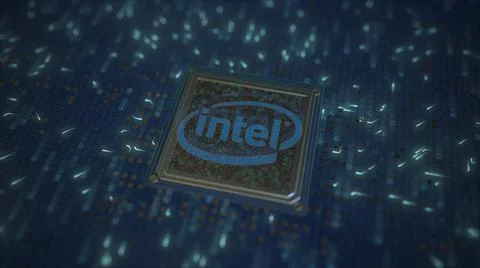 INTEL logo on the chip on computer board. Conceptual editorial 3d rendering Stock Illustration