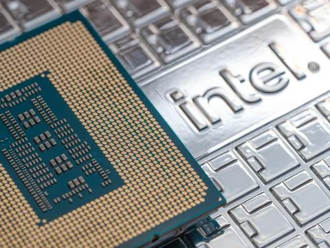 Intel logo on an Intel Core 14th gen i9-14900K processor case, focus on CPU.. 写真素材