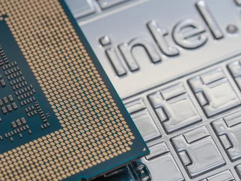 Intel logo on an Intel Core 14th gen i9-14900K processor case, focus on CPU.. 写真素材
