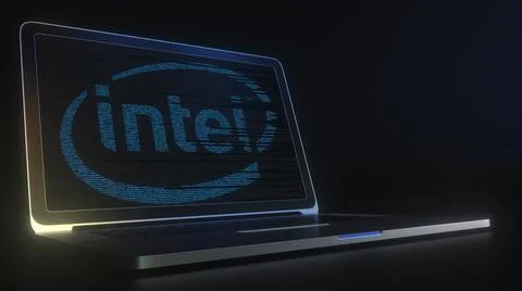 INTEL logo made with computer code on the laptop screen. Editorial conceptual 3d Stock Illustration