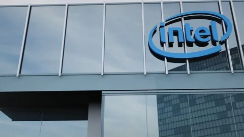 Intel Logo on the office facade with stock displayed editorial Stock Footage 289749922