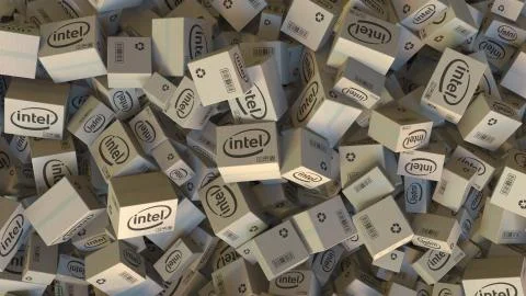 INTEL logo on piled cartons. Editorial 3D rendering Stock Illustration