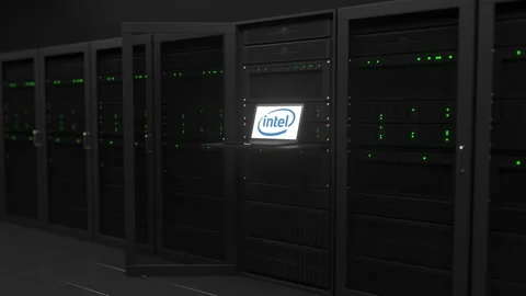 INTEL logo on the screen in a modern server room. Conceptual editorial 3d Stock Footage 148300202