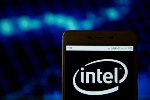 Intel logo is seen on an smartphone Stock Photos
