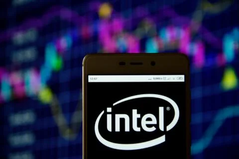 Intel logo is seen on an smartphone Stock Photos