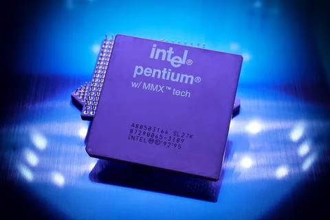 Intel Pentium MMX microprocessor close-up. Early Intel Pentium CPU Stock Photos