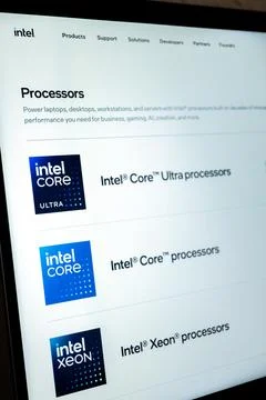 Intel processors displayed on a computing device showing product information Stock Photos