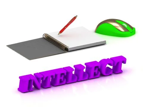 INTELLECT bright volume letter and copybook with red pen and computer mouse o Stock Illustration