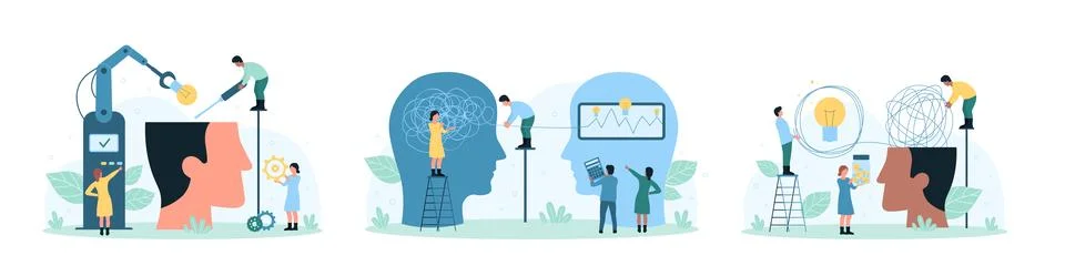 Intellectual creative idea development, analytics set, tiny people unravel Illustrazione stock