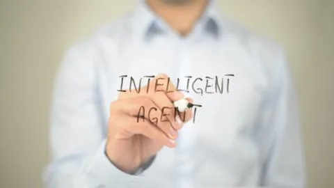 Intellegent Agent , Man writing on transparent screen Stock Photos
