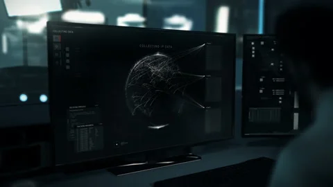 Intelligence Agency Spy Analyzing Global Map In Computer To Locate Hacker Threat Stock Footage 220882158