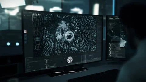 Intelligence Agent Assists Spy Operation By Using High Tech Tracking Software Stock Footage 280001147