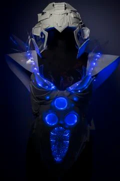 Intelligence, bionic armor with blue LED lights and plastic materials Stock Photos