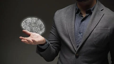 Intelligence concept. hands show augmented reality projection of a virtual Stock Footage 168230587