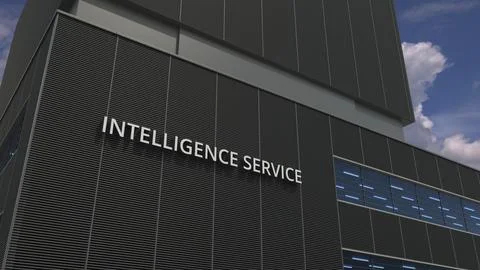 INTELLIGENCE text on a modern office building, 3d rendering Ilustración de archivo