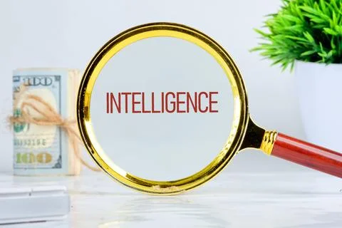 INTELLIGENCE text showed through a magnifying glass on a light background 库存照片