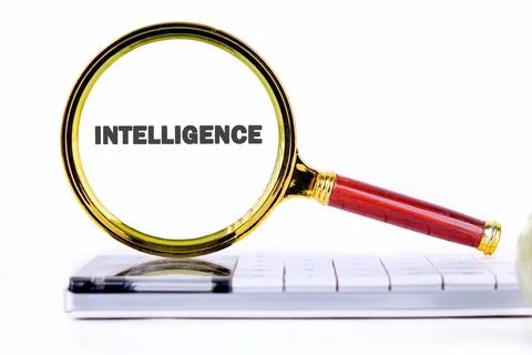 INTELLIGENCE text showed through the magnifying glass on the calculator 库存照片