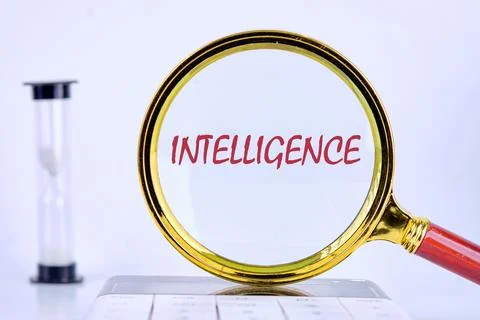 INTELLIGENCE text was revealed through a magnifying glass on a light background 库存照片